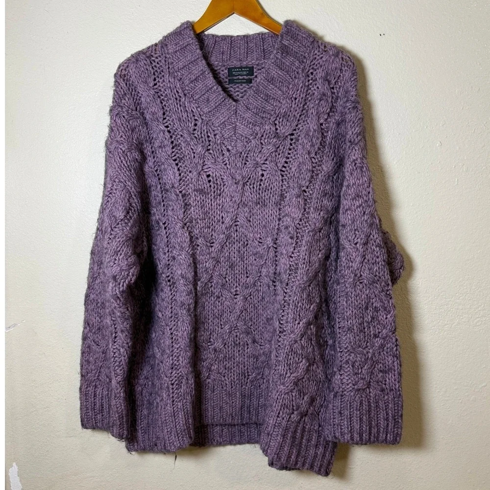 Zara Man Men Sweater Medium Purple‎ Wool Alpaca Blend Cable Knit Italian Yarn